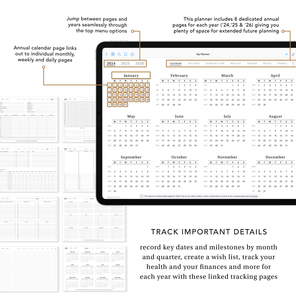 Track all important details with the included annual pages. These pages are included for 3 years: 2024, 2025 and 2026. Record key dates and milestones, create a wish list, track your health, finances and more with these linked tracking pages.