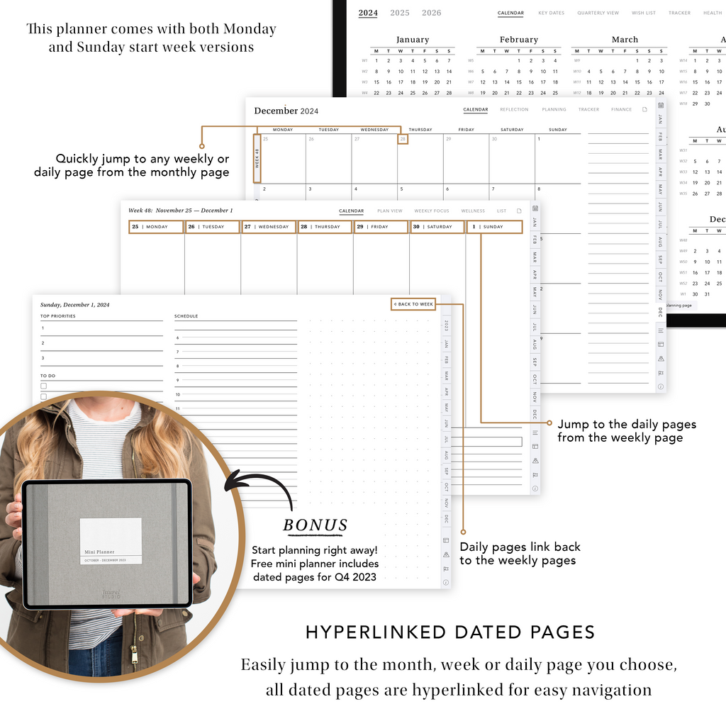 This planner includes both Monday and Sunday start week versions. The annual page links to all monthly/weekly/daily pages. The Monthly page links to all weekly/daily pages. The weekly pages link to all daily pages and daily link back to weekly.