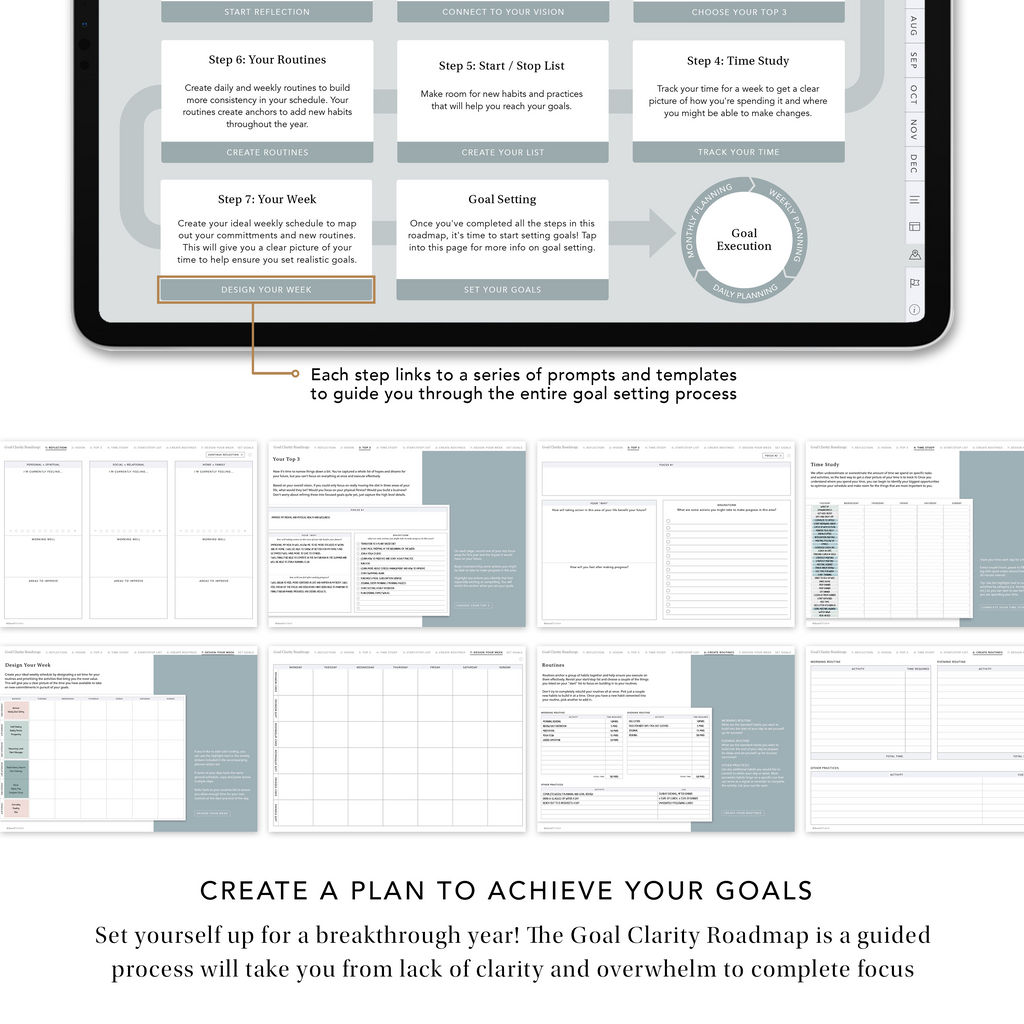 Create a plan to achieve your goals with the Goal Clarity Roadmap. This series of templates will lead you through a guided process designed to take you from lack of clarity and overwhelm to complete focus