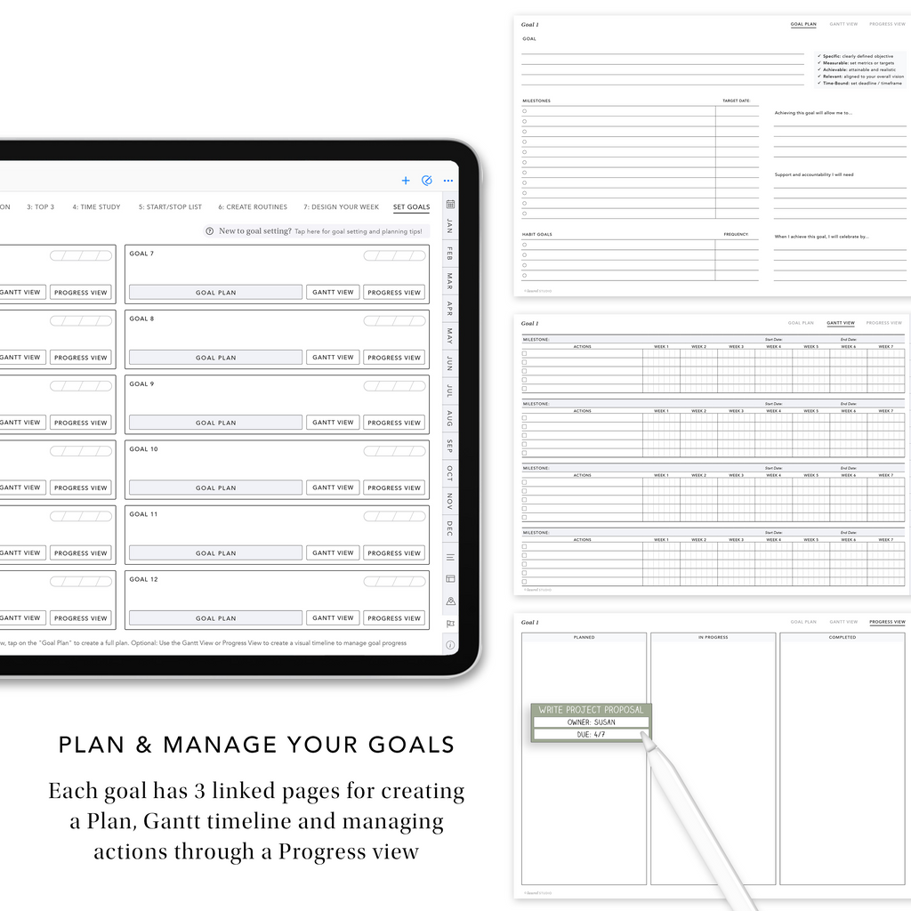 Plan and manage up to 12 goals throughout the year with a Goal Plan, Gantt timelines and Progress View