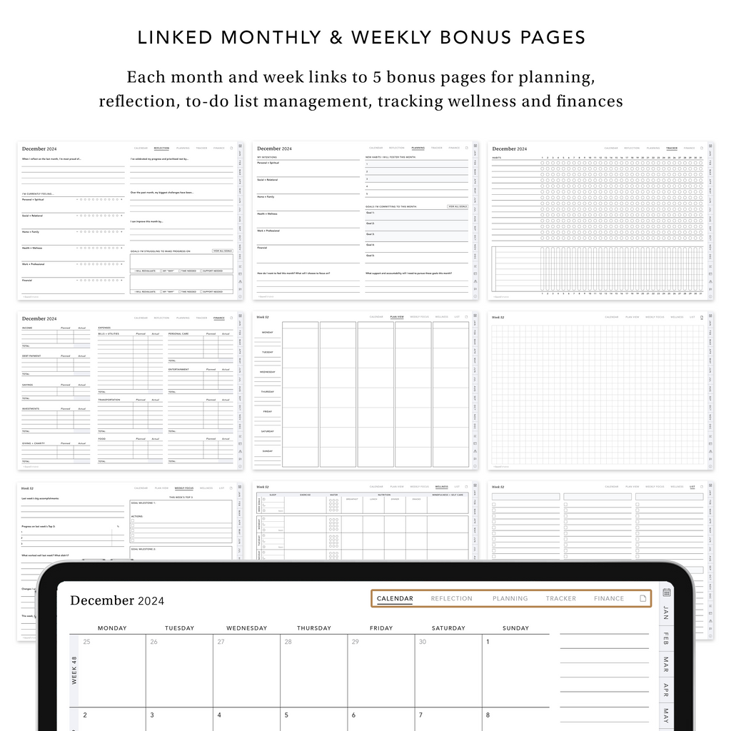 Every week and month has 6 linked pages for calendar planning, reflection, wellness and financial tracking